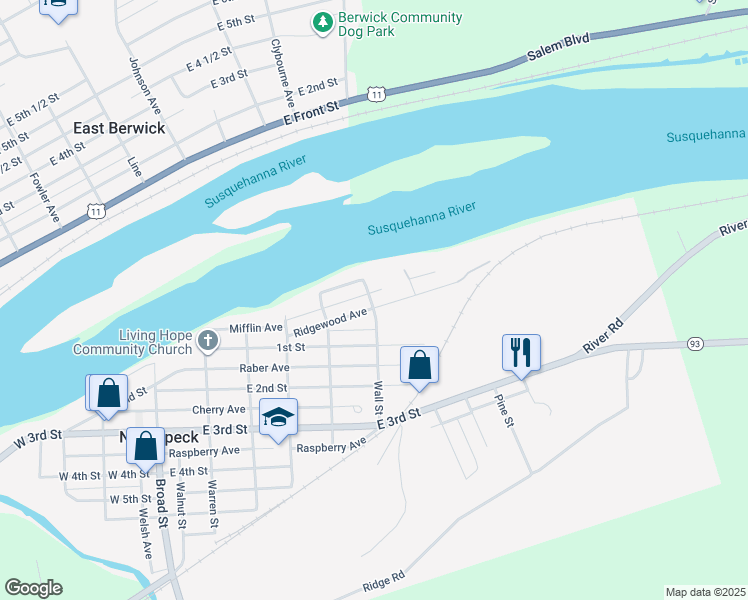 map of restaurants, bars, coffee shops, grocery stores, and more near 1113 Mifflin Ave in Nescopeck