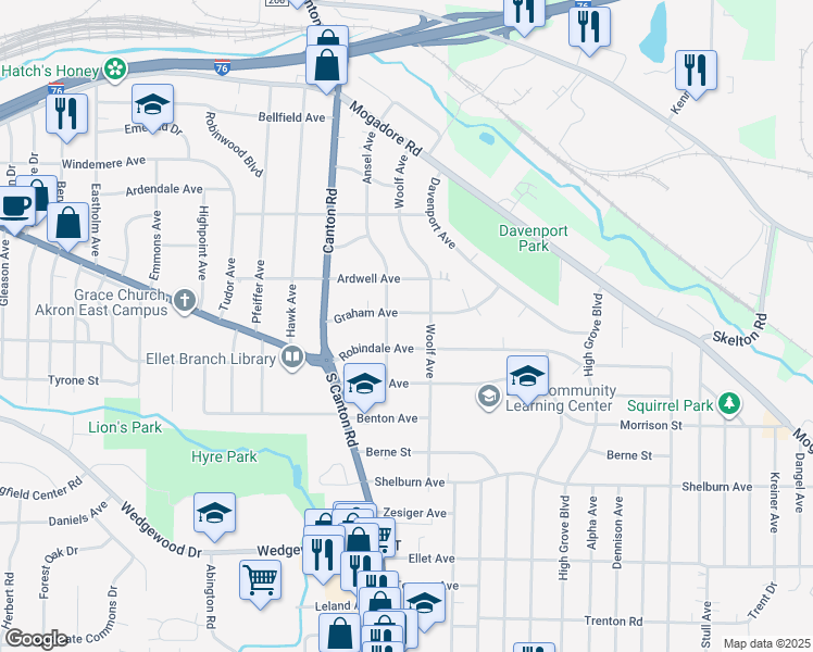 map of restaurants, bars, coffee shops, grocery stores, and more near 2556 Graham Avenue in Akron