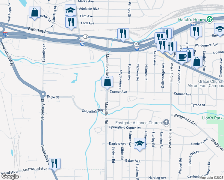 map of restaurants, bars, coffee shops, grocery stores, and more near 1843 Cramer Avenue in Akron