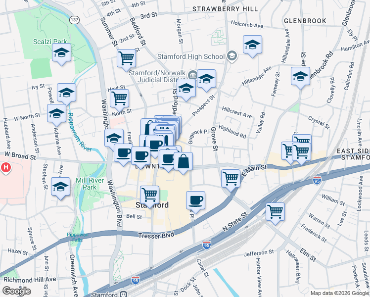 map of restaurants, bars, coffee shops, grocery stores, and more near 196 Greyrock Place in Stamford