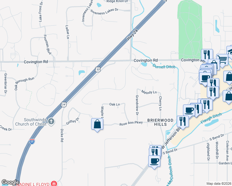 map of restaurants, bars, coffee shops, grocery stores, and more near 7331 Covington Hollow Lane in Fort Wayne