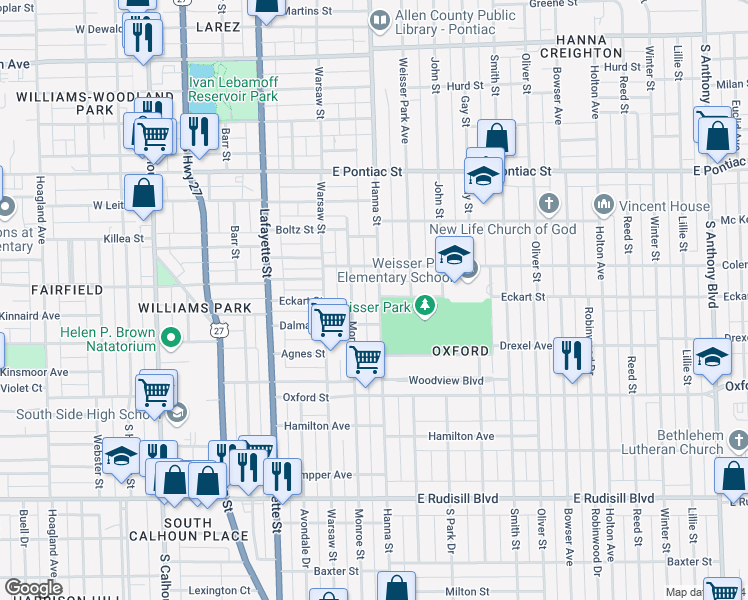 map of restaurants, bars, coffee shops, grocery stores, and more near 3104 South Hanna Street in Fort Wayne