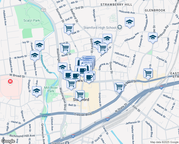 map of restaurants, bars, coffee shops, grocery stores, and more near 255 Prospect Street in Stamford