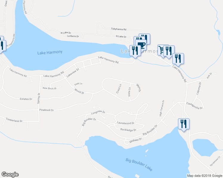 map of restaurants, bars, coffee shops, grocery stores, and more near 416 Skye Drive in Lake Harmony