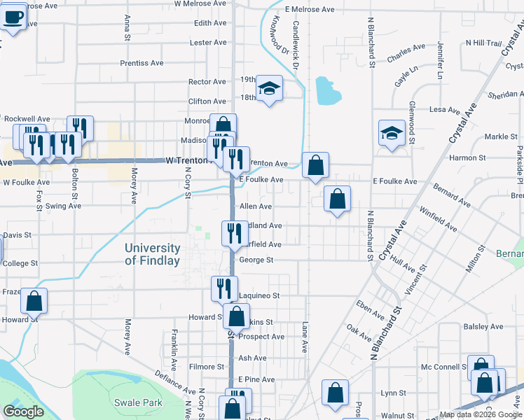 map of restaurants, bars, coffee shops, grocery stores, and more near 203 Allen Avenue in Findlay