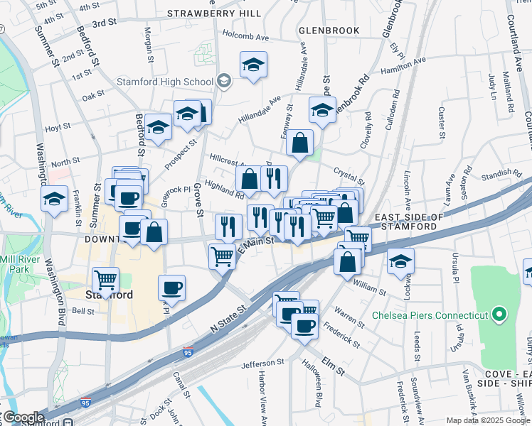 map of restaurants, bars, coffee shops, grocery stores, and more near 30 Glenbrook Road in Stamford