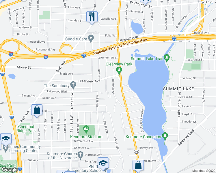 map of restaurants, bars, coffee shops, grocery stores, and more near 1541 Rockaway Street in Akron