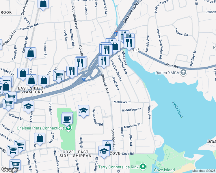map of restaurants, bars, coffee shops, grocery stores, and more near 69 Seaside Avenue in Stamford