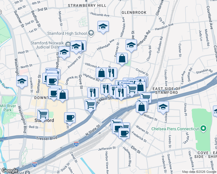 map of restaurants, bars, coffee shops, grocery stores, and more near 30 Glenbrook Road in Stamford
