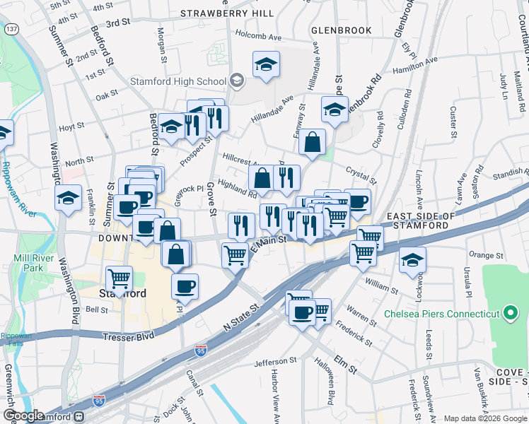 map of restaurants, bars, coffee shops, grocery stores, and more near 164 Forest Street in Stamford