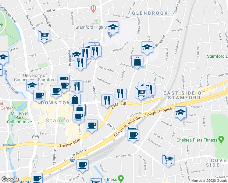 map of restaurants, bars, coffee shops, grocery stores, and more near 164 Forest Street in Stamford