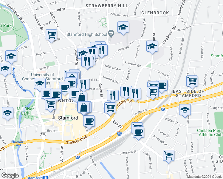 map of restaurants, bars, coffee shops, grocery stores, and more near 109 Forest Street in Stamford