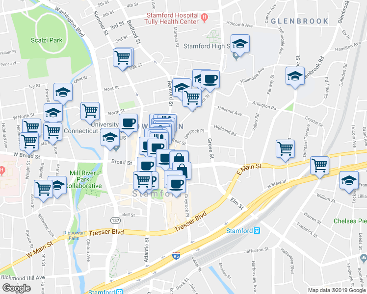 map of restaurants, bars, coffee shops, grocery stores, and more near 200 Parc Grove in Stamford
