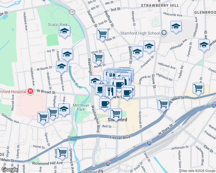 map of restaurants, bars, coffee shops, grocery stores, and more near 460 Summer Street in Stamford