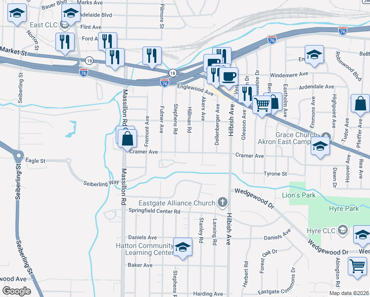 map of restaurants, bars, coffee shops, grocery stores, and more near 1969 Cramer Avenue in Akron