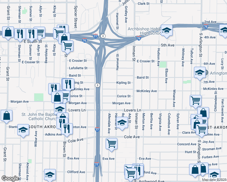 map of restaurants, bars, coffee shops, grocery stores, and more near 726 McKinley Avenue in Akron