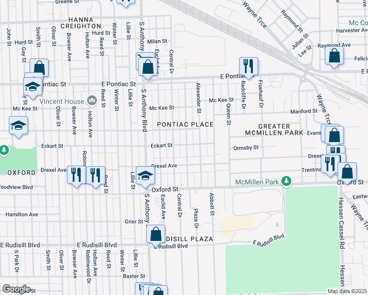 map of restaurants, bars, coffee shops, grocery stores, and more near 3105 Plaza Drive in Fort Wayne
