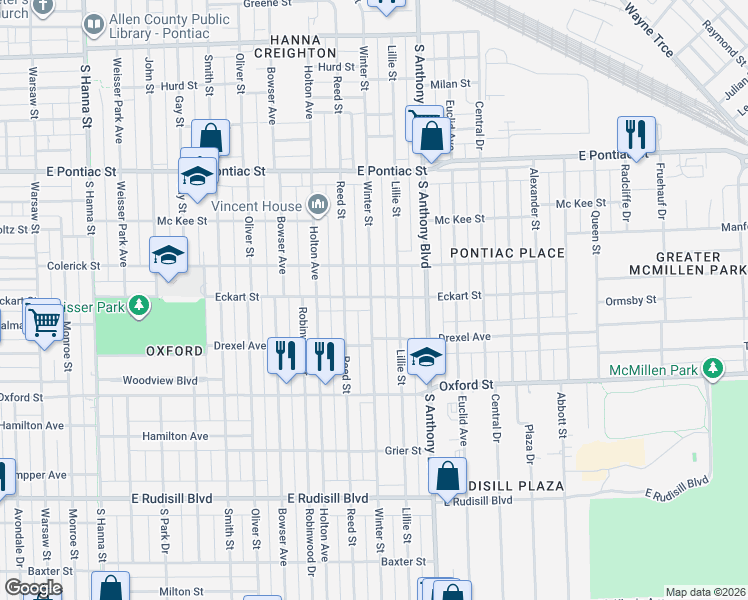 map of restaurants, bars, coffee shops, grocery stores, and more near 3101 Winter Street in Fort Wayne
