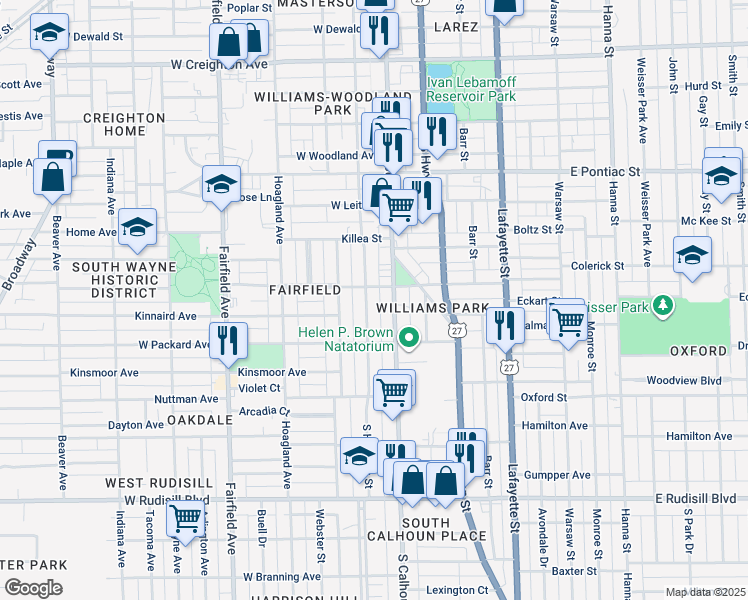 map of restaurants, bars, coffee shops, grocery stores, and more near 3113 South Harrison Street in Fort Wayne
