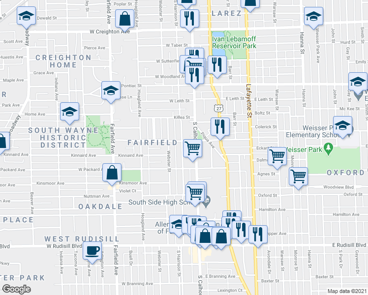 map of restaurants, bars, coffee shops, grocery stores, and more near 3113 South Harrison Street in Fort Wayne