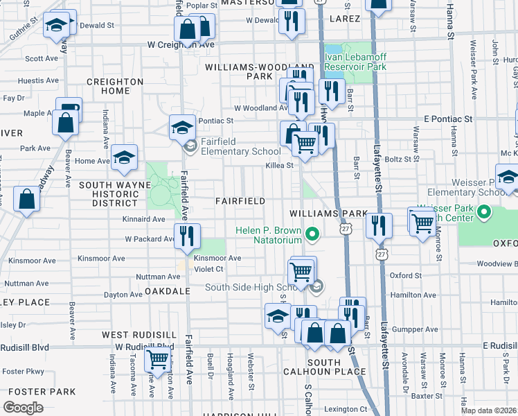 map of restaurants, bars, coffee shops, grocery stores, and more near 3115 Webster Street in Fort Wayne