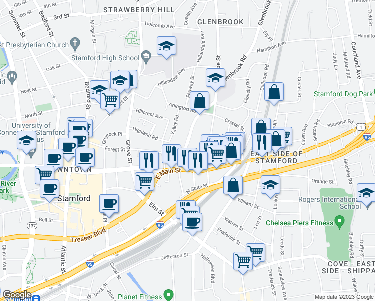 map of restaurants, bars, coffee shops, grocery stores, and more near 39 Glenbrook Road in Stamford