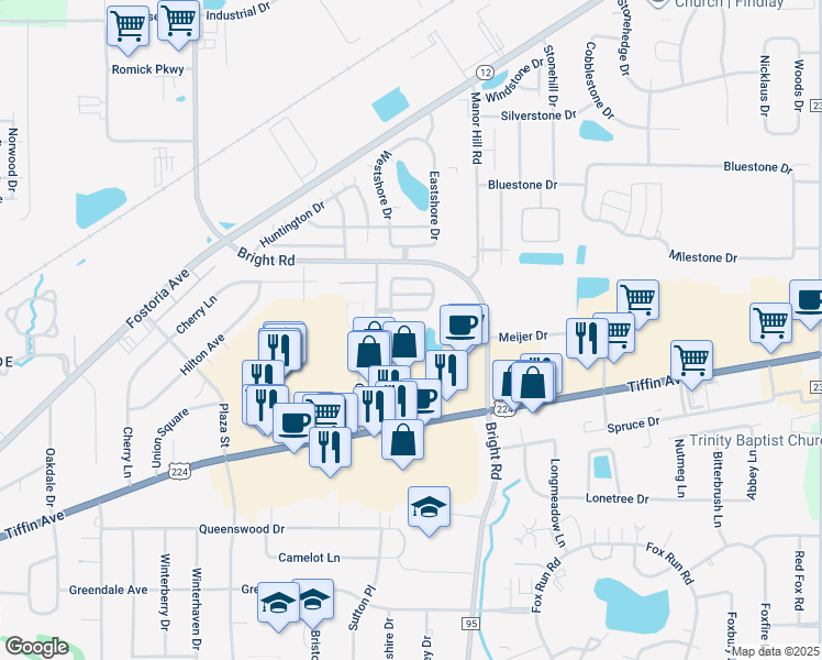 map of restaurants, bars, coffee shops, grocery stores, and more near 1219 Chateau Court in Findlay