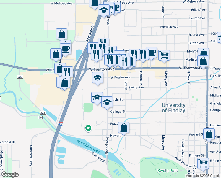 map of restaurants, bars, coffee shops, grocery stores, and more near 1229 Broad Avenue in Findlay