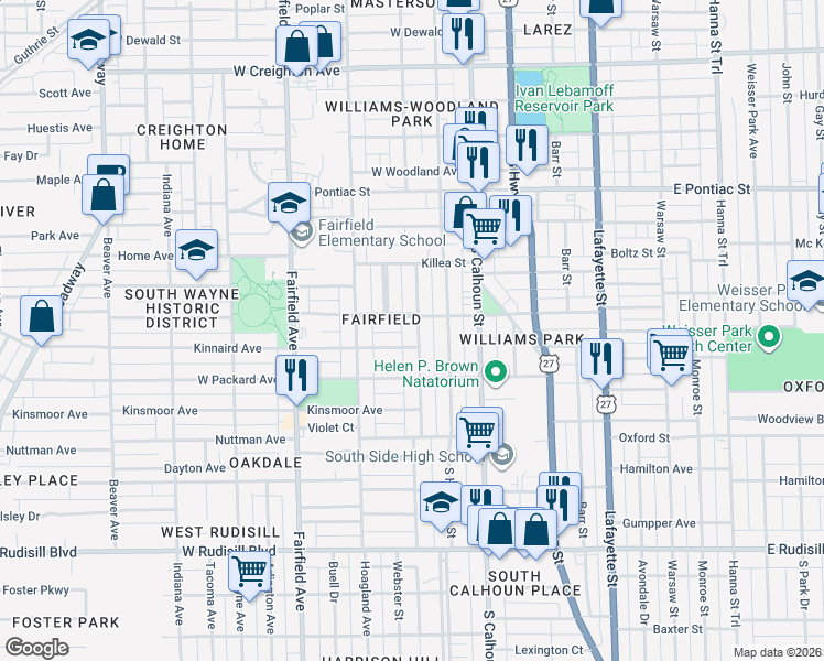 map of restaurants, bars, coffee shops, grocery stores, and more near 3115 Webster Street in Fort Wayne