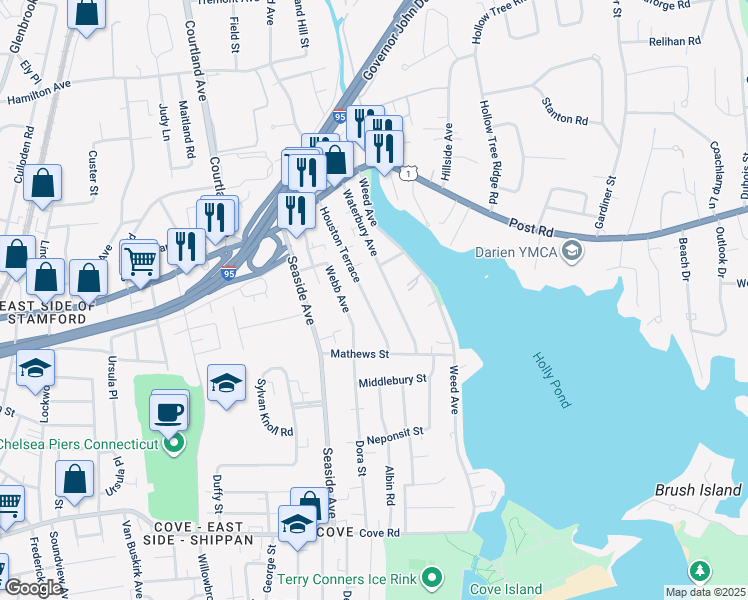 map of restaurants, bars, coffee shops, grocery stores, and more near 104 Houston Terrace in Stamford