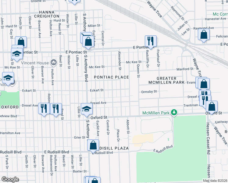 map of restaurants, bars, coffee shops, grocery stores, and more near 3105 Plaza Drive in Fort Wayne
