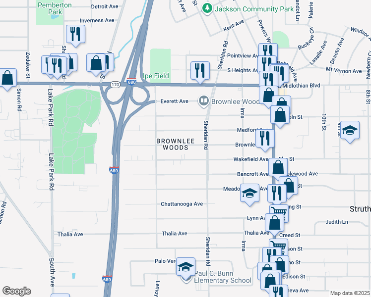 map of restaurants, bars, coffee shops, grocery stores, and more near 1653 Brownlee Avenue in Youngstown
