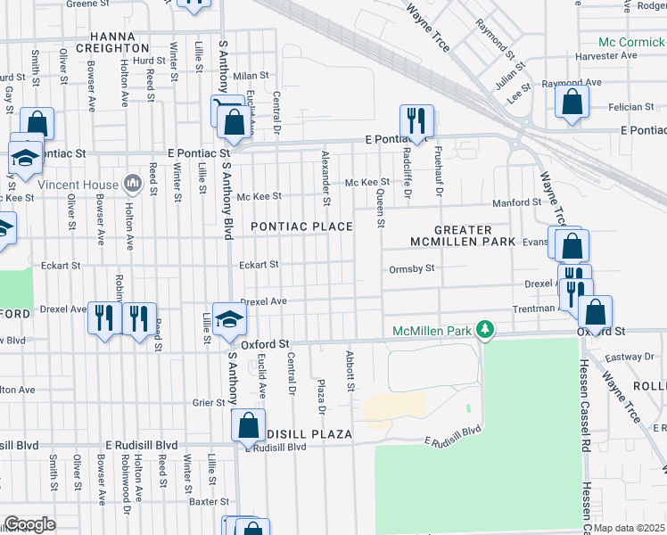 map of restaurants, bars, coffee shops, grocery stores, and more near 3105 Alexander Street in Fort Wayne