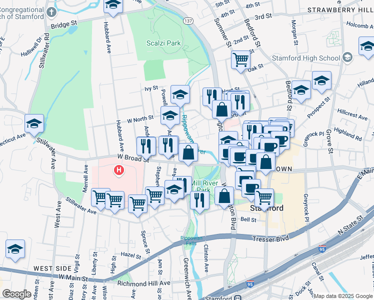 map of restaurants, bars, coffee shops, grocery stores, and more near 28 Hanrahan Street in Stamford