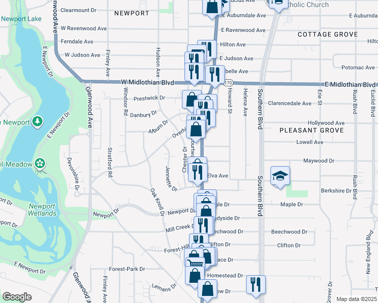 map of restaurants, bars, coffee shops, grocery stores, and more near 4245 Chester Drive in Youngstown