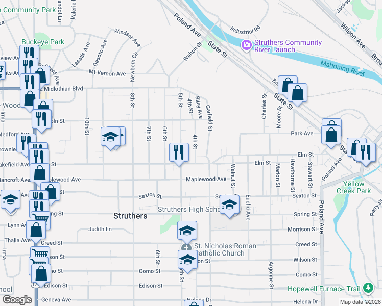 map of restaurants, bars, coffee shops, grocery stores, and more near 547 4th Street in Struthers