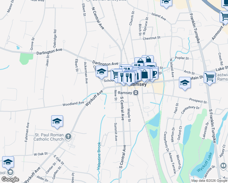 map of restaurants, bars, coffee shops, grocery stores, and more near 15 New St in Ramsey