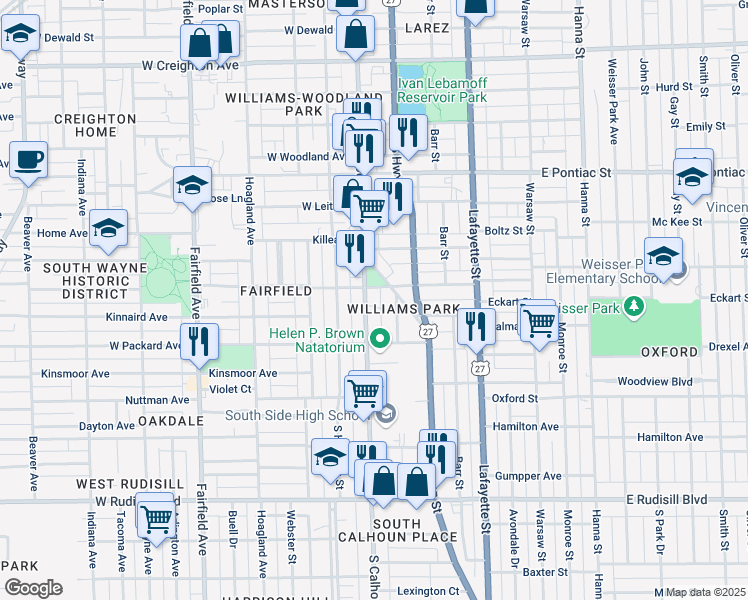 map of restaurants, bars, coffee shops, grocery stores, and more near 3115 South Calhoun Street in Fort Wayne