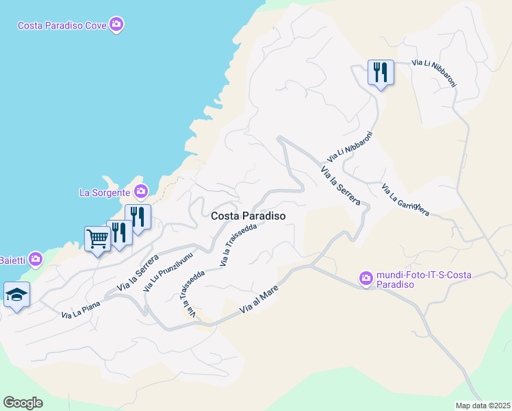 map of restaurants, bars, coffee shops, grocery stores, and more near Unnamed Road in Costa Paradiso