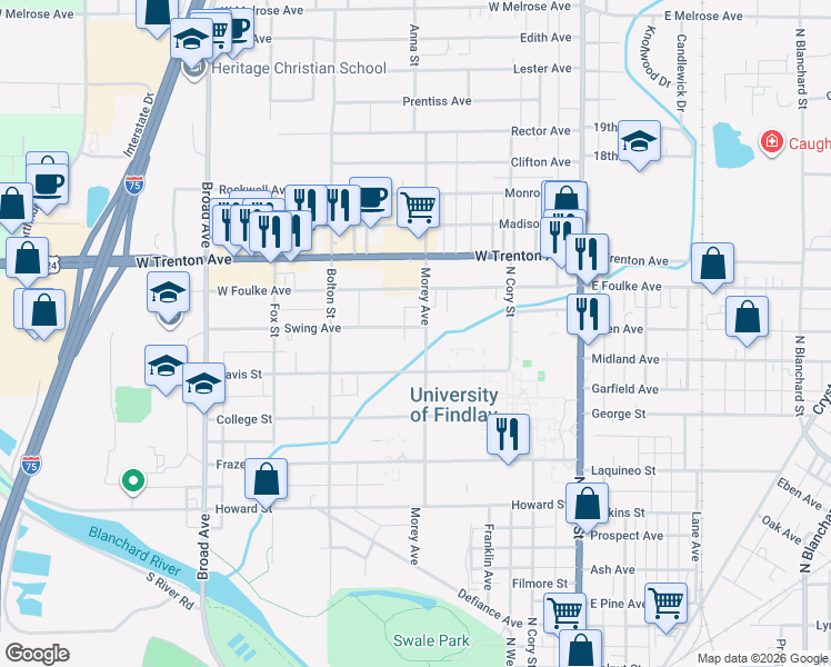 map of restaurants, bars, coffee shops, grocery stores, and more near 305 Swing Avenue in Findlay