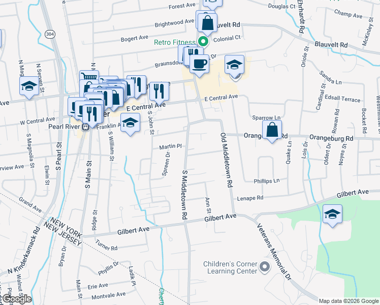 map of restaurants, bars, coffee shops, grocery stores, and more near 187 Rockland Road in Pearl River
