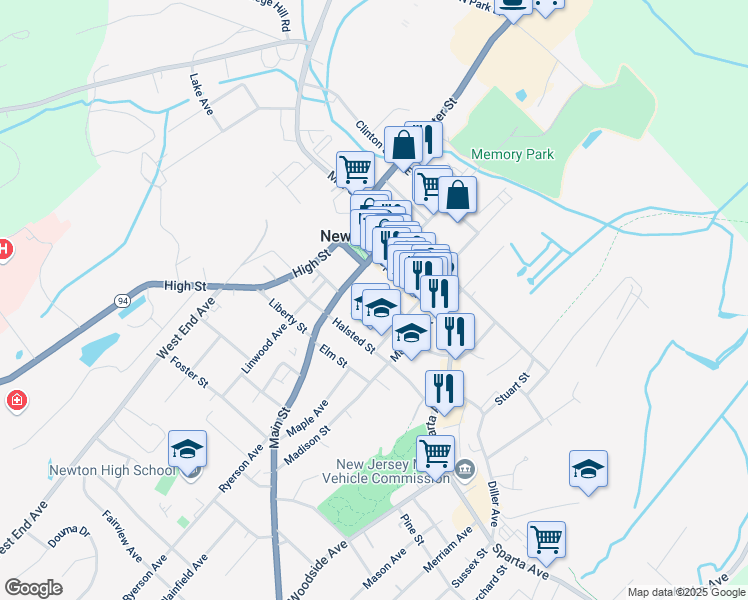 map of restaurants, bars, coffee shops, grocery stores, and more near 41 Main Street in Newton