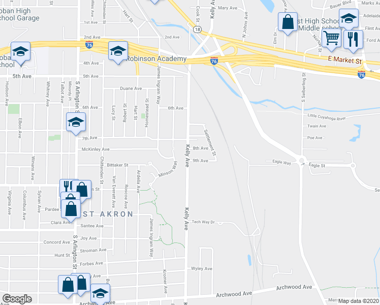 map of restaurants, bars, coffee shops, grocery stores, and more near 289 Kelly Avenue in Akron