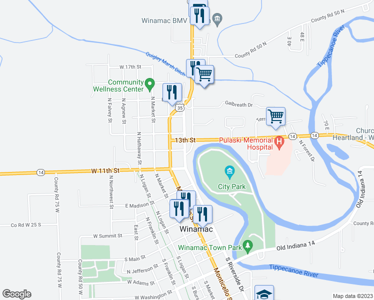 map of restaurants, bars, coffee shops, grocery stores, and more near 530 North Riverside Drive in Winamac