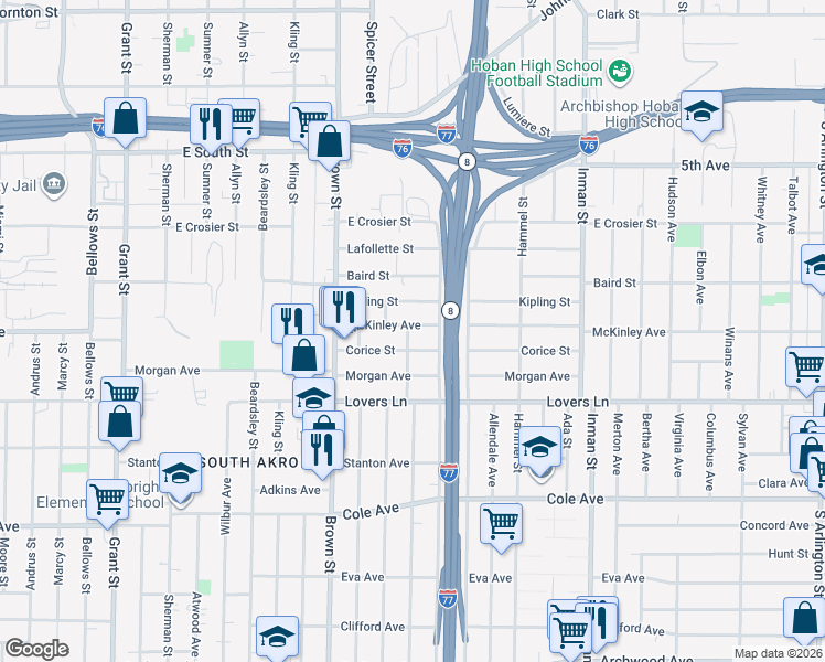 map of restaurants, bars, coffee shops, grocery stores, and more near 602 McKinley Avenue in Akron