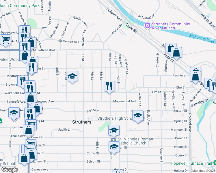 map of restaurants, bars, coffee shops, grocery stores, and more near 545 5th Street in Struthers