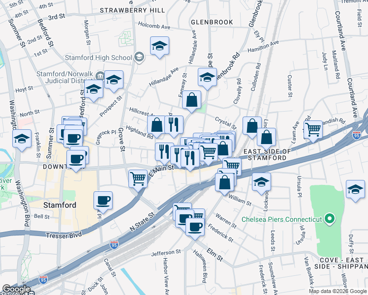 map of restaurants, bars, coffee shops, grocery stores, and more near 39 Glenbrook Road in Stamford