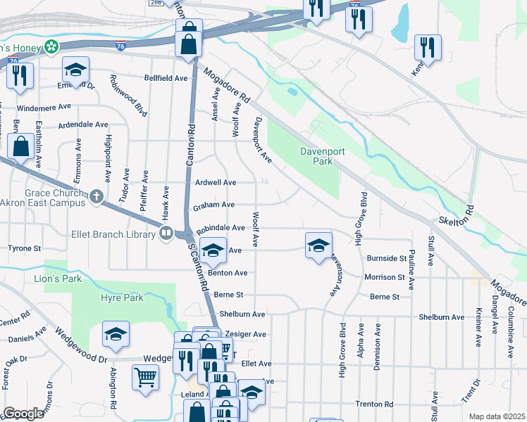 map of restaurants, bars, coffee shops, grocery stores, and more near 2596 Graham Ave in Akron