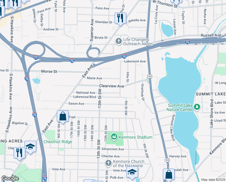 map of restaurants, bars, coffee shops, grocery stores, and more near 803 National Ave in Akron