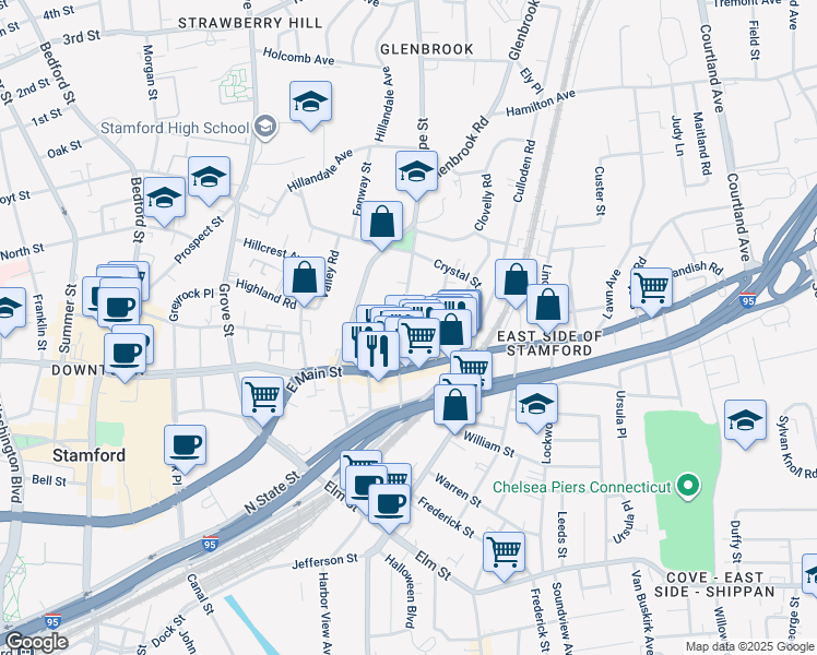 map of restaurants, bars, coffee shops, grocery stores, and more near 81 Lafayette Street in Stamford